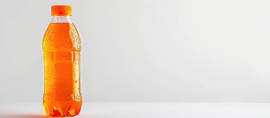 Leinwandbilder - Orange soda pop or soft drink in plastic bottle isolated on white background with clipping path. Copy space image. Place for adding text or design