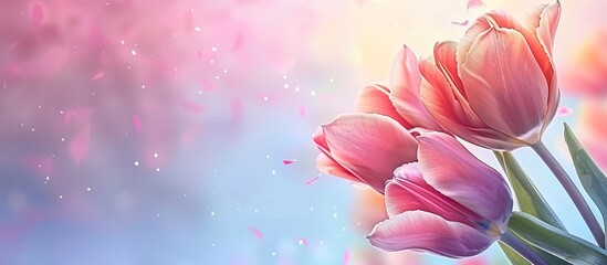 Fototapete - Spring beautiful tulip flower.Flower holiday card pastel background. with copy space image. Place for adding text or design