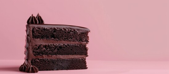 Fototapete - Dark chocolate cake, Chocolate cake slice pastel background. with copy space image. Place for adding text or design