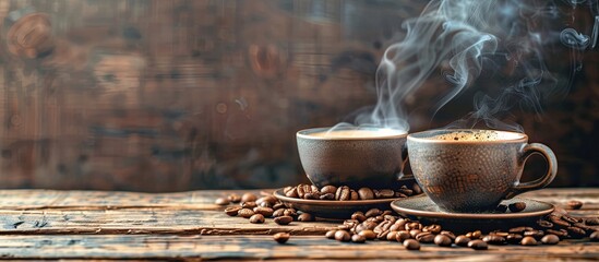 Aufkleber - Cups of coffee with smoke and coffee beans on old wooden background. Copy space image. Place for adding text or design