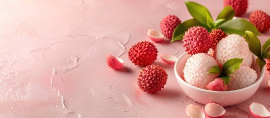 Poster - shelled lychee Isolated on pastel background  Texture. with copy space image. Place for adding text or design