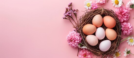 Leinwandbilder - Chicken eggs in the nest. Fresh chicken eggs in the nest are decorated with flowers on a pastel background. Easter. Isolate. with copy space image. Place for adding text or design
