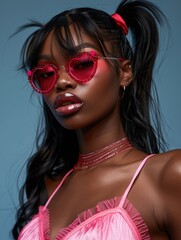 Wall Mural - Fashionable Young Woman in Pink with Heart-Shaped Sunglasses