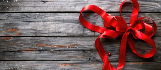 Sticker - Red Christmas ribbons decoration. Christmas concept. Ribbon on wooden board. with copy space image. Place for adding text or design
