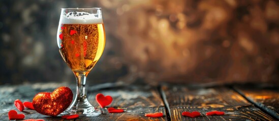 Aufkleber - A glass of light beer for Valentine's day and a red heart. with copy space image. Place for adding text or design