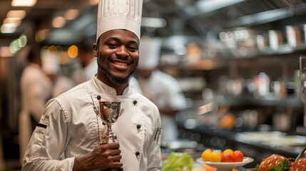 Professional chef in uniform smiling proudly holding a trophy in a modern commercial kitchen with fresh vegetables.