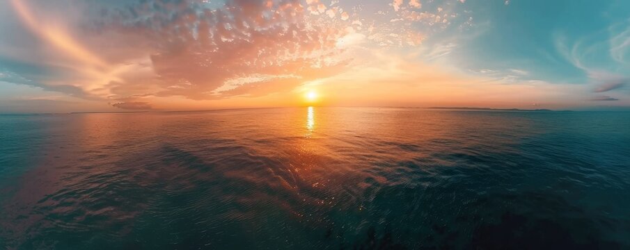 Majestic aerial panoramic seascape with vibrant sunrise colors over calm ocean and clouds for inspiring backgrounds.
