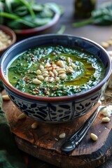 Wall Mural - Green Spinach Soup with Toasted Pine Nuts