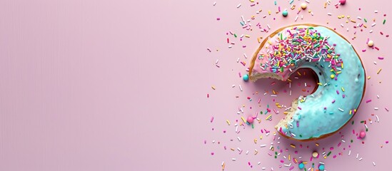 Fototapete - donut cake round with colored sprinkles bitten on a pastel background. with copy space image. Place for adding text or design