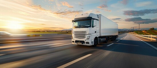 Wall Mural - white truck is on highway - business, commercial, cargo transportation concept, clear and blank spac