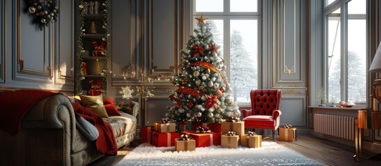 Wall Mural - Christmas living room with Christmas tree and gifts under it. with copy space image. Place for adding text or design