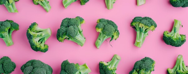 Fresh broccoli pattern on pink background, vibrant and healthy food concept