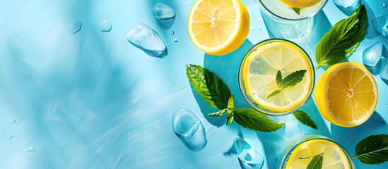 Fototapete - Banner. Lemonade on blue background close up. Summer drinks and vacation concept. Sunny day shadows, copy space. Copy space image. Place for adding text or design