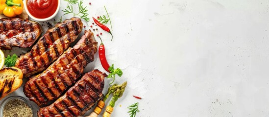 Aufkleber - grill meat on bread with spices and sauces pastel background. with copy space image. Place for adding text or design
