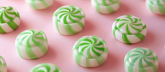 Poster - Green swirl peppermint candies over pastel background. with copy space image. Place for adding text or design