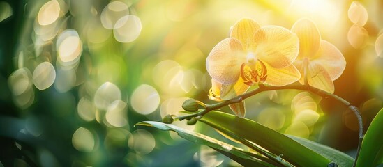 Fototapete - Yellow damaged leaf of an orchid plant standing in the sun . with copy space image. Place for adding text or design