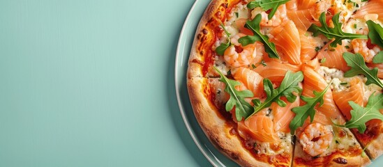 Poster - smoked salmon pizza on pastel background Food  Isolated. with copy space image. Place for adding text or design