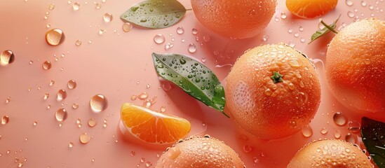 Wall Mural - Water drops on ripe sweet orange. Fresh mandarin background with copy space for your text. Vegan and vegetarian concept. pastel background