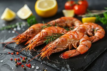 Wall Mural - Gourmet Cooked Shrimp with Herbs and Lemons