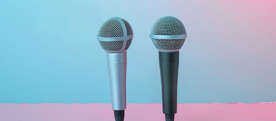 Wall Mural - Two silver microphones isolated over pastel background . Two wireless microphones on the conference table. with copy space image. Place for adding text or design