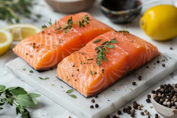Wall Mural - Fresh Raw Salmon Fillets with Herbs and Pepper