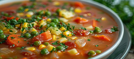 Wall Mural - Minestrone soup from zucchini and tomato, onion and carrots, corn and peas with parsley, a plate of soup close-up, vegetarian soup. Copy space image. Place for adding text or design