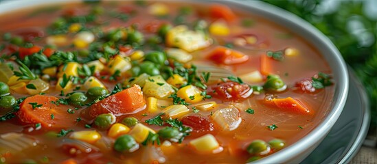 Canvas Print - Minestrone soup from zucchini and tomato, onion and carrots, corn and peas with parsley, a plate of soup close-up, vegetarian soup. Copy space image. Place for adding text or design