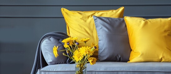 Wall Mural - Bright yellow cushions decorating a gray sofa. with copy space image. Place for adding text or design