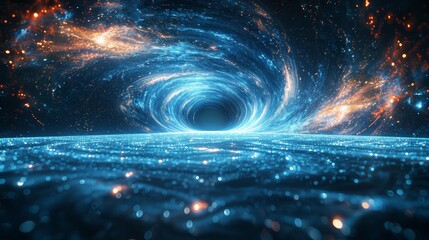 a blue and orange galaxy with a black hole in the middle