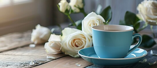 Fototapete - Blue cup on a table with white roses near. with copy space image. Place for adding text or design