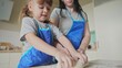 © maxximmm - mother daughter preparing dough in the kitchen. happy family cooking baking together lifestyle. mother and small child preparing homemade cakes from flour and dough. happy family cooking at home