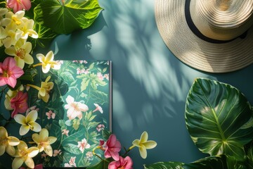 Canvas Print - Floral Pattern Notebook and Summer Hat with Tropical Decor