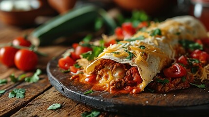Burrito. Mexican Burrito. Mexican burrito with beef, beans and sour cream. Mexican cuisine popular dish. Burritos wraps with beef and vegetables on a background with copy space.