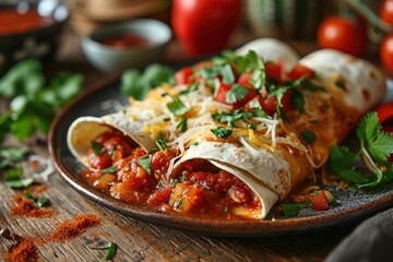 Sticker - Burrito. Mexican Burrito. Mexican burrito with beef, beans and sour cream. Mexican cuisine popular dish. Burritos wraps with beef and vegetables on a background with copy space.