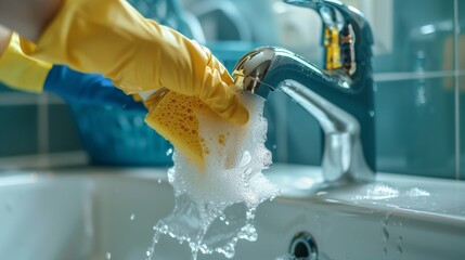 A close-up of a hand in a glove cleaning the faucet.