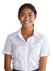 Wall Mural - A young Asian woman in a white uniform, smiling confidently, standing against a transparent background.