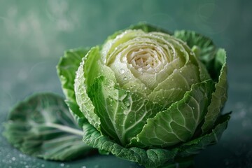 Wall Mural - Fresh Green Cabbage with Dew Drops