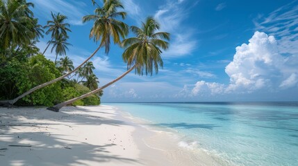 Breathtaking Maldives island paradise with white sand, coconut palms, and azure waters invites relaxation and inspires awe.