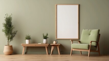 Interior home of living room with green armchair and blank frame poster mock up on green wall