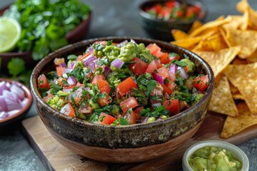 Canvas Print - Guacamole Bowl with Tortilla Chips and Fresh Ingredients