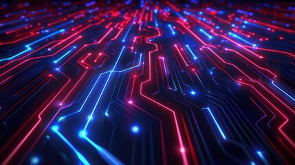 Futuristic circuit lines with red and blue light glowing effects. generative AI image