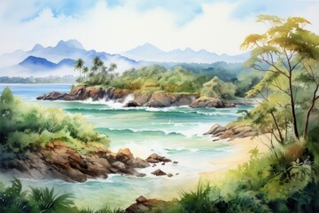 Wall Mural - A painting of a beach with a rocky shoreline and a mountain in the background. The mood of the painting is peaceful and serene