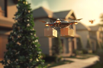 A delivery drone carrying packages in a suburban neighborhood, showcasing modern technology in logistics and transportation.