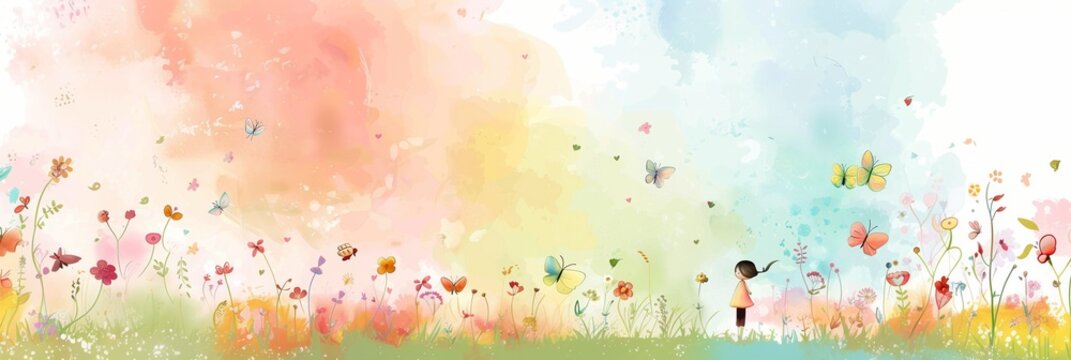 Watercolor painting of little girl, flower and butterfly with copy text space good for wallpaper, design template