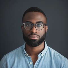 Wall Mural - A portrait of an African American man with short hair and beard, wearing glasses, looking directly at the camera against a dark grey background.