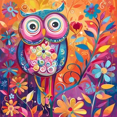 Wall Mural - Create a whimsical illustration featuring a cartoonish owl on colorful background, in the style of the vibrant