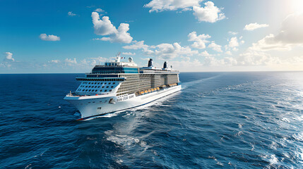 luxurious cruise liner gliding across the serene, azure ocean under a bright, cloud-dotted sky