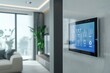 © Pikul - Modern living room with smart home control panel on wall, showcasing advanced technology and home automation in a stylish interior.