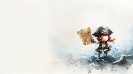 Watercolor illustration of a cute pirate holding a treasure map on a ship, with empty space on the left for text or design.