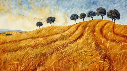 Wall Mural - A Beautiful Depiction of Wheat Fields Golden Waves capturing the scenery of trees amidst the wheat harvesting